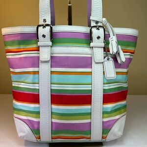 Coach Y2K Hampton Multi color striped fabric and leather tote 2007